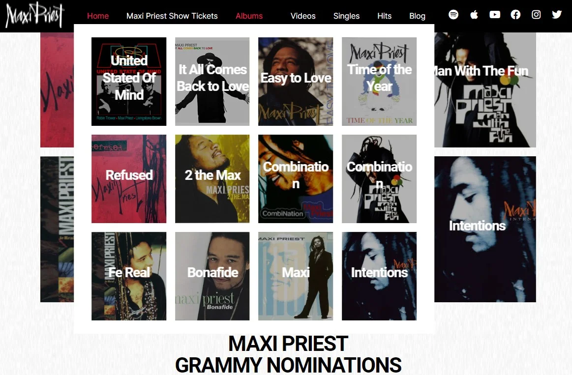 MaxiPriest.com International touring pop singer website  - with Spotify stream all Maxi Priest albums at his website via Spotify integration. Access all the lyrics for all songs and a link to the top streaming services for each album.
